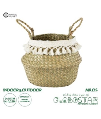 GloboStar® Artificial Garden MILOS 20306 Διακοσμητικό Ψάθινο Καλάθι - Κασπώ Γλάστρα - Flower Pot Μπεζ με Μακραμέ Φ17cm x Υ23cm
